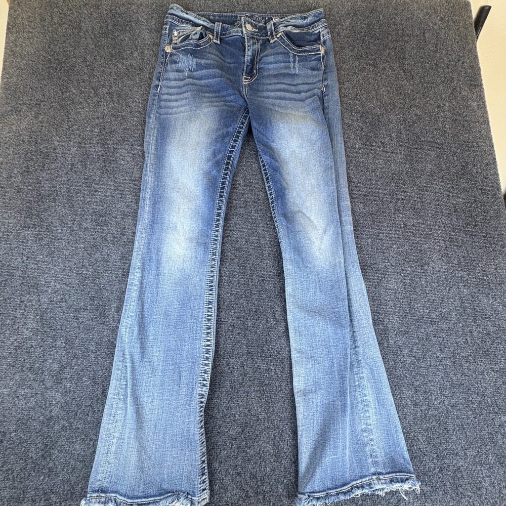 Miss Me Chloe Bootcut Jeans Womens 30x32.5 Blue Denim Cotton Raw Hem Embroidered